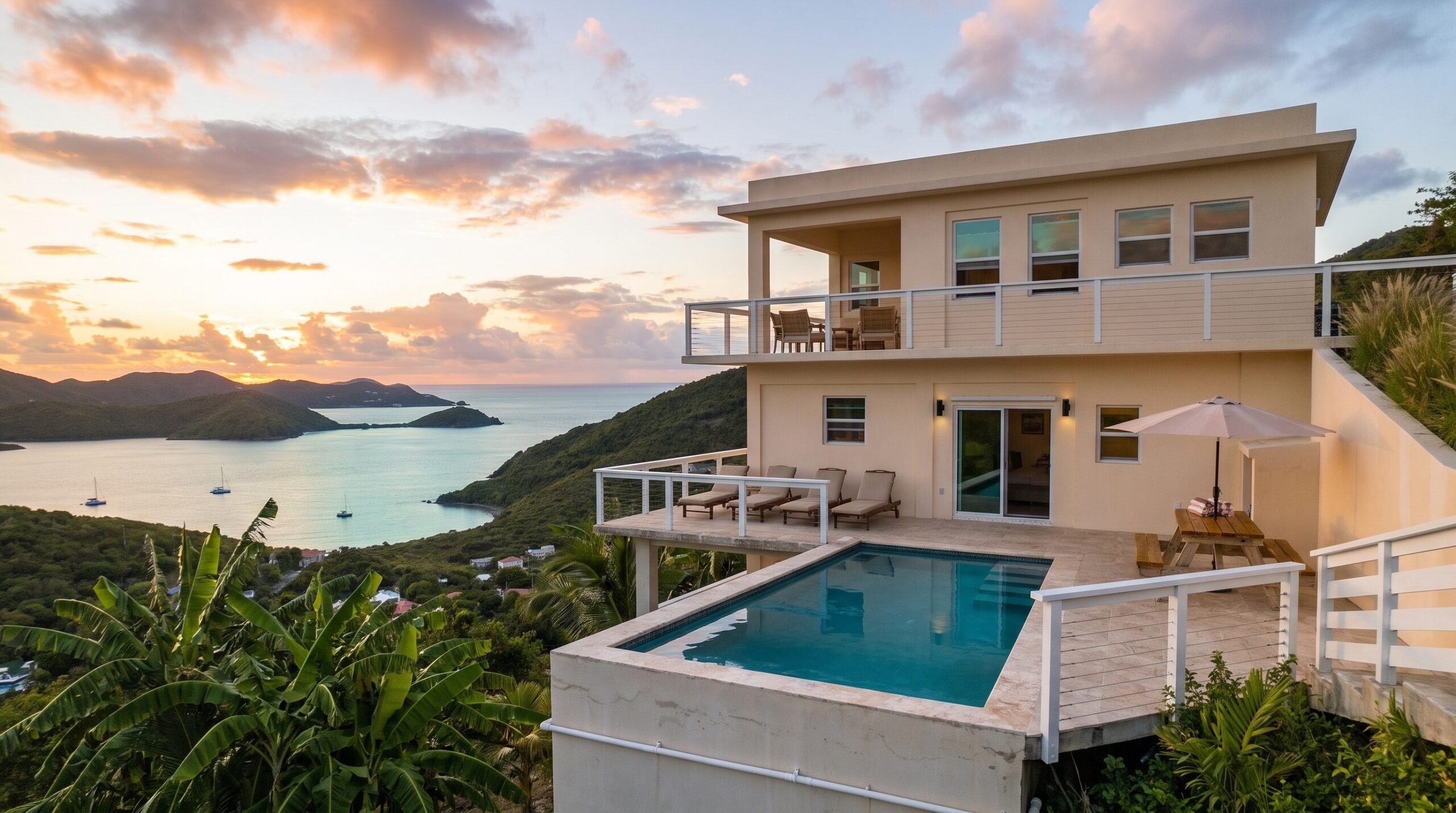 Villa Del Cielo above Coral Bay at sunset